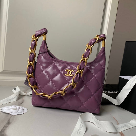 Sac hobo 24a 23 cm en cuir de veau violet et accessoires dorés