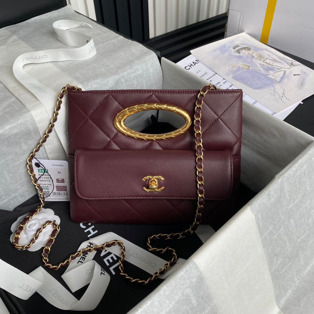 Pochette CC 24b 25 cm en cuir d'agneau bordeaux