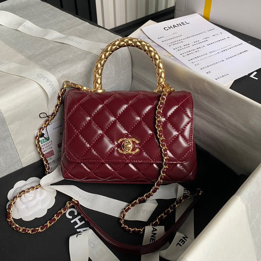 Mini poignée Coco CC 24A 19 cm, cuir de veau verni bordeaux, accessoires dorés 