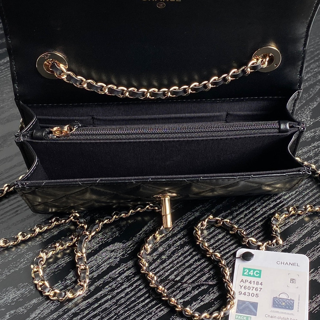 Sac tendance CC 24B 18,5 cm en cuir d'agneau noir et accessoires dorés