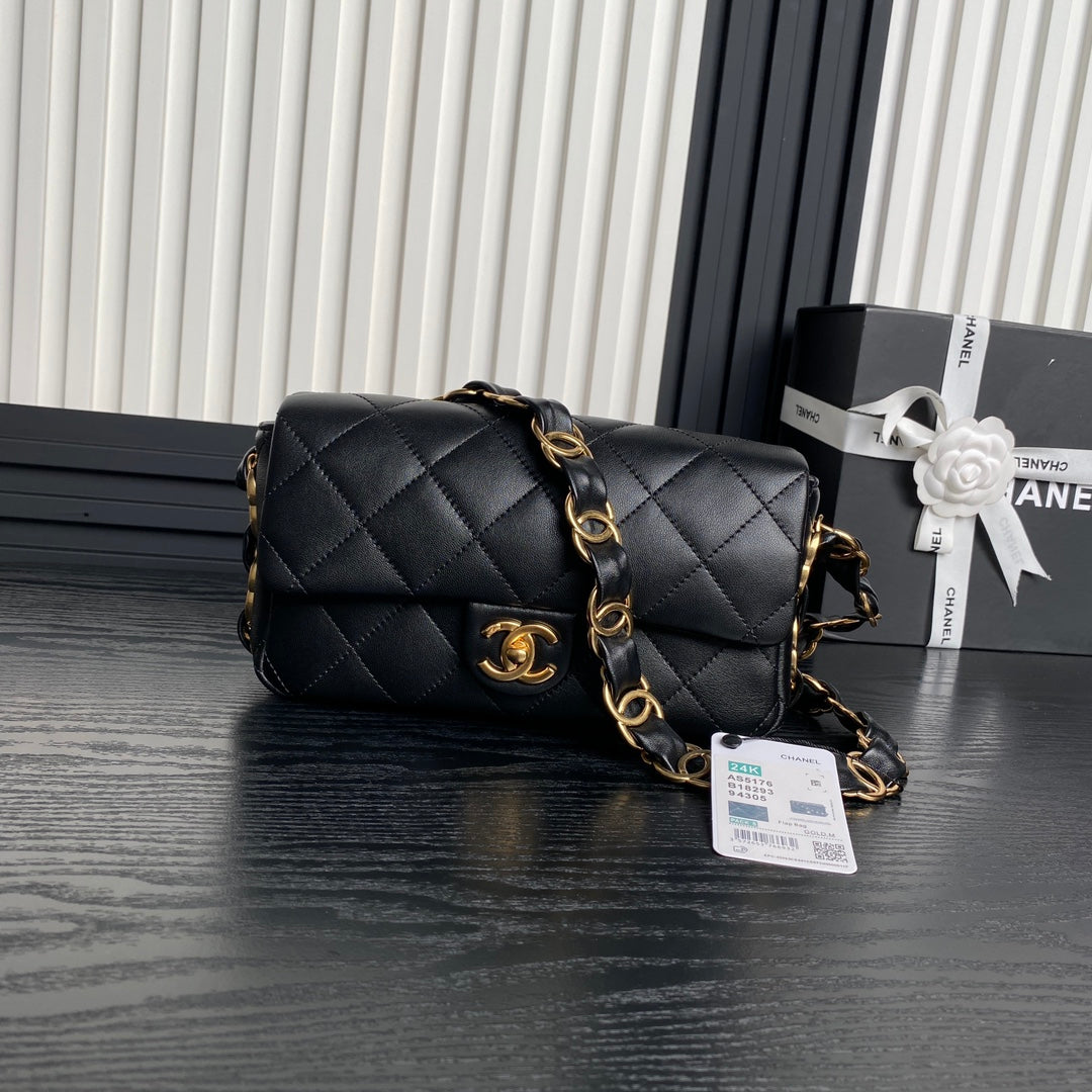 CC 24K ミニフラップバッグ 21cm ブラック ラムスキン ゴールド金具