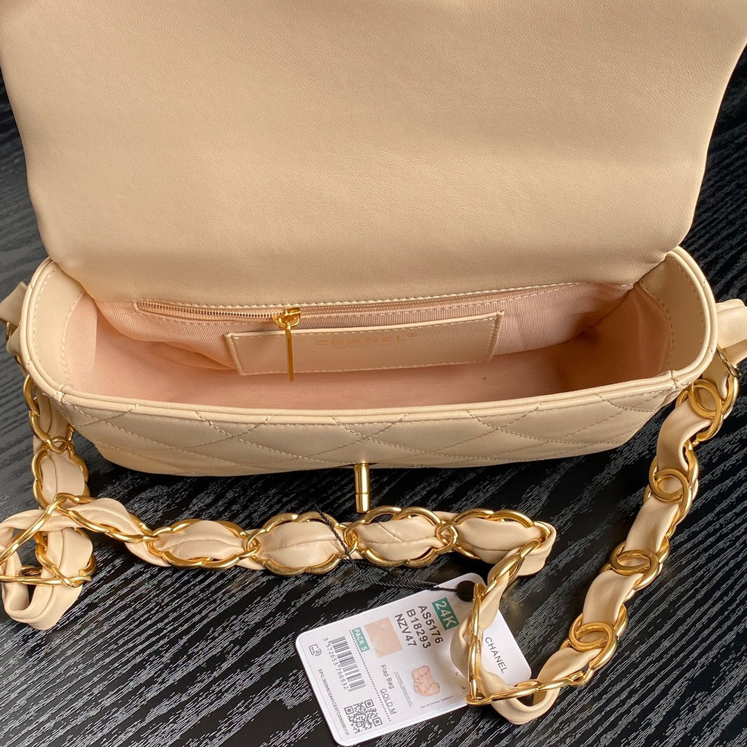 CC 24K ミニフラップバッグ 21cm ベージュ ラムスキン ゴールド金具
