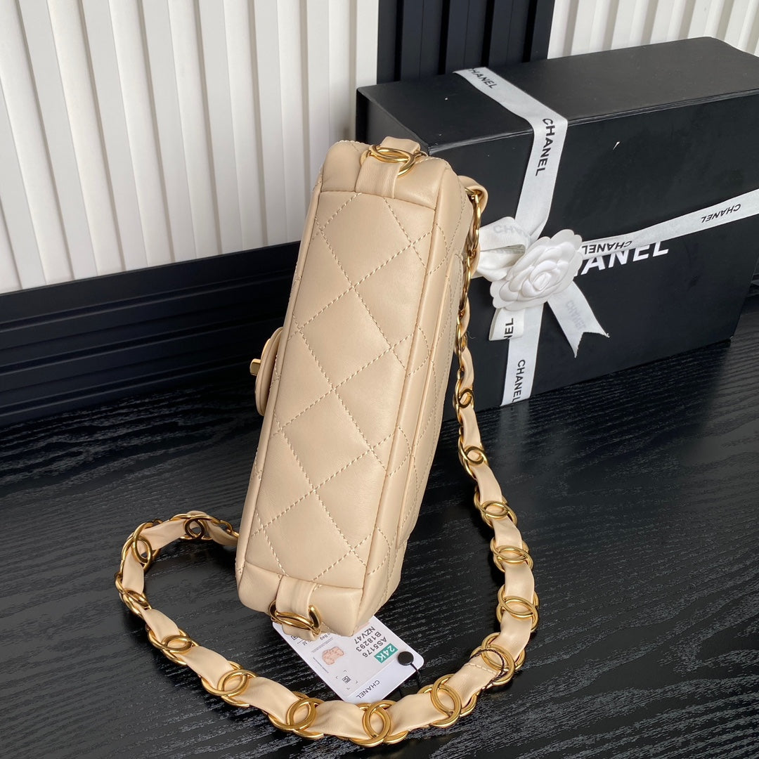 CC 24K ミニフラップバッグ 21cm ベージュ ラムスキン ゴールド金具