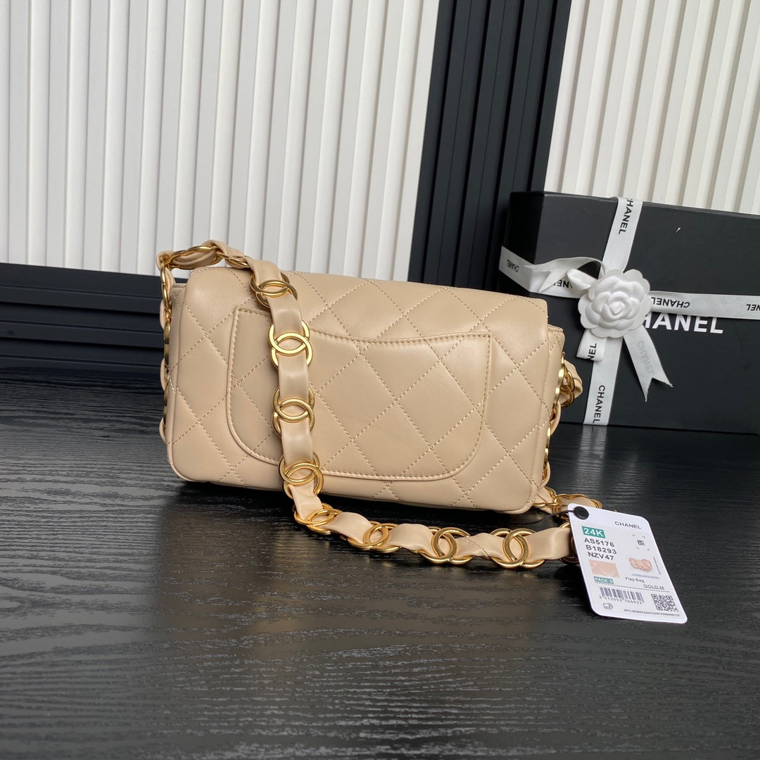 CC 24K ミニフラップバッグ 21cm ベージュ ラムスキン ゴールド金具