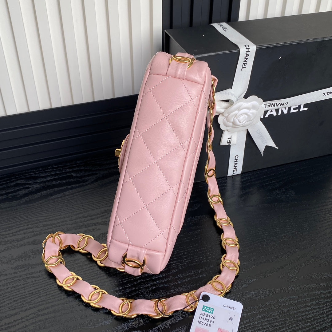 CC 24K ミニフラップバッグ 21cm ピンク ラムスキン ゴールド金具