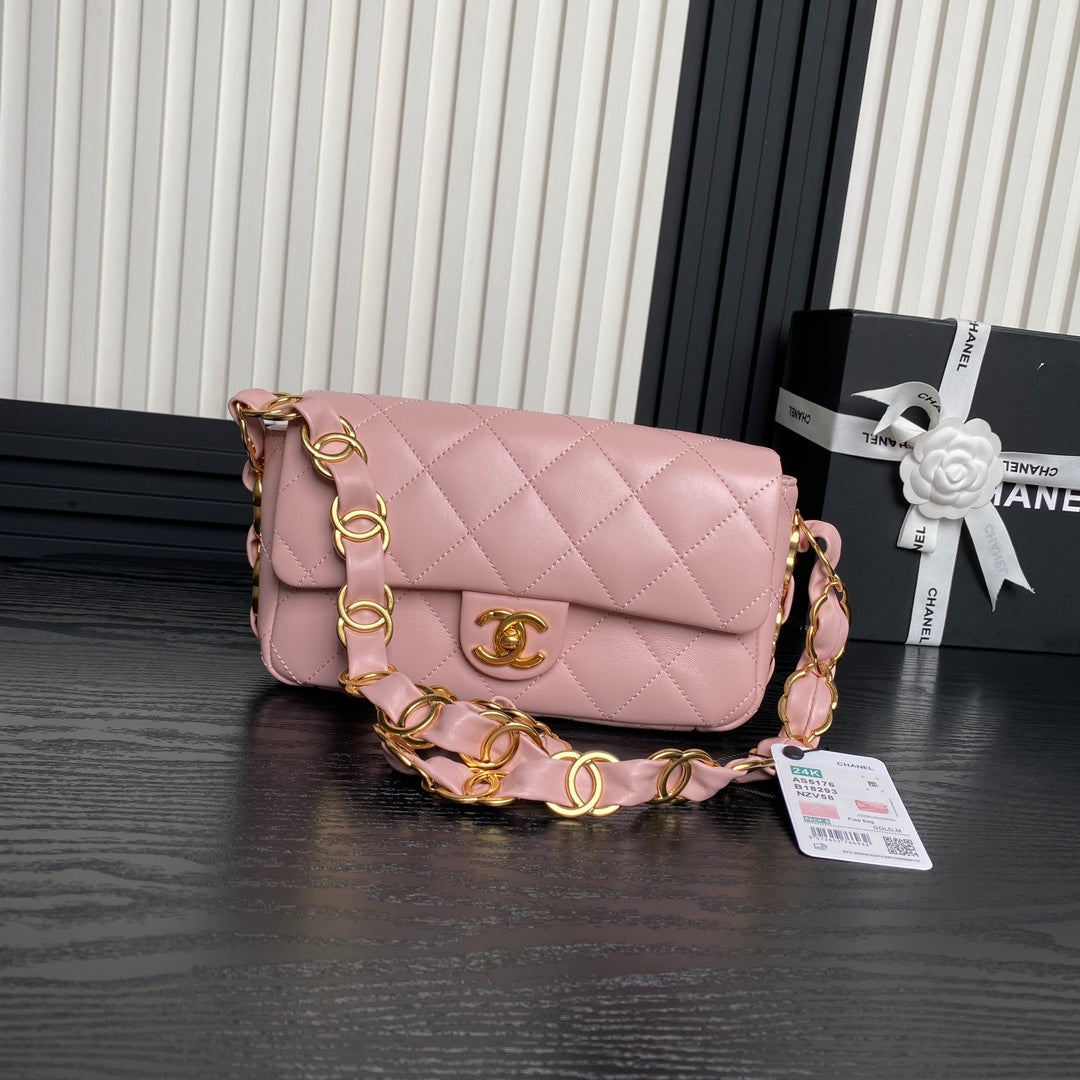 CC 24K ミニフラップバッグ 21cm ピンク ラムスキン ゴールド金具