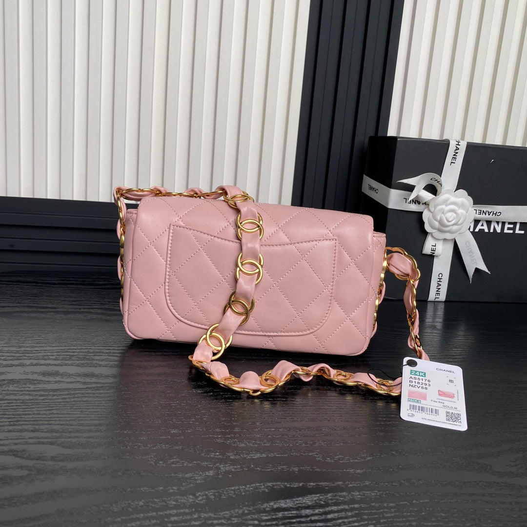 CC 24K ミニフラップバッグ 21cm ピンク ラムスキン ゴールド金具