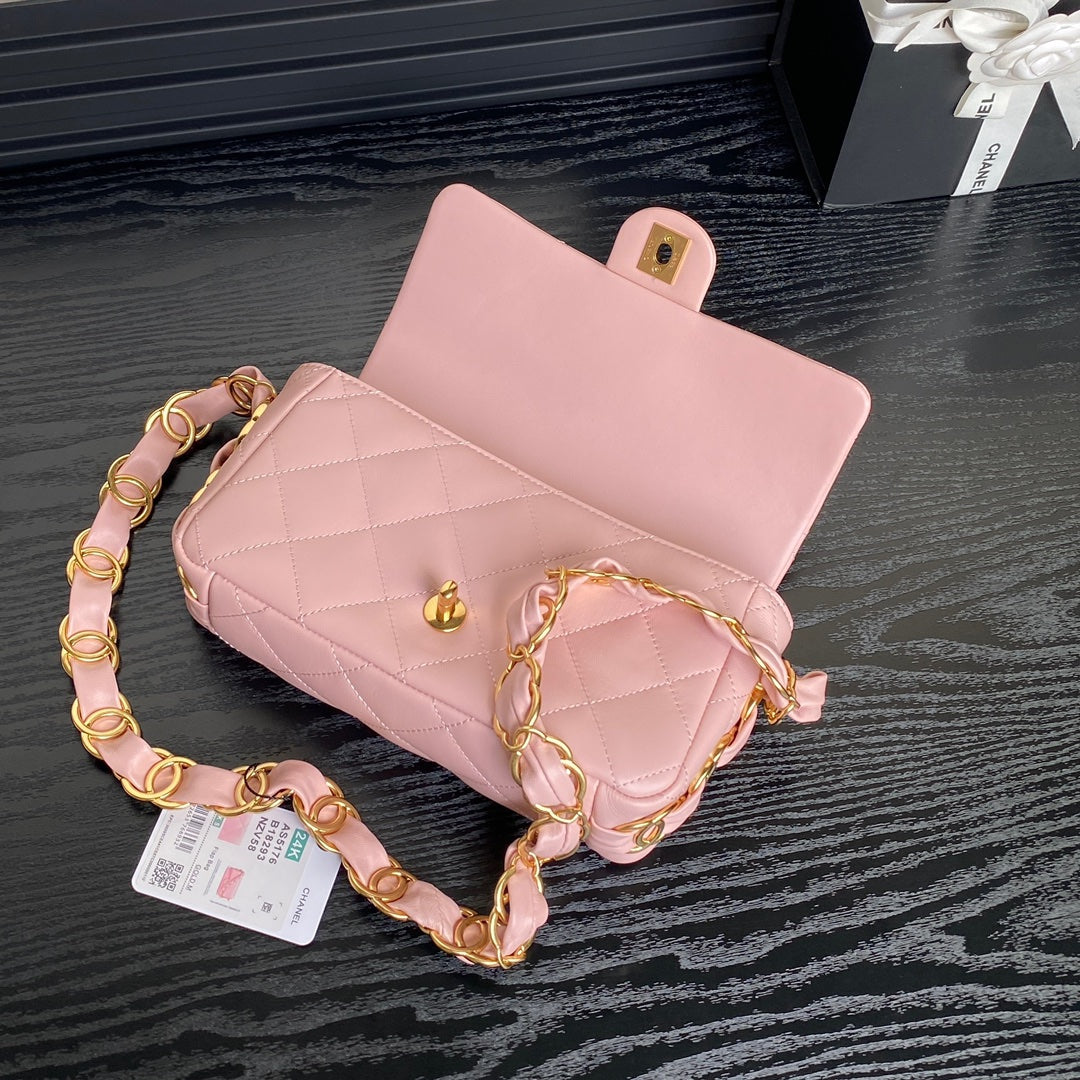 CC 24K ミニフラップバッグ 21cm ピンク ラムスキン ゴールド金具