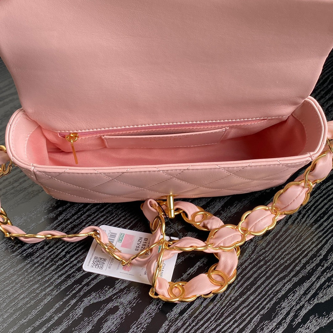CC 24K ミニフラップバッグ 21cm ピンク ラムスキン ゴールド金具