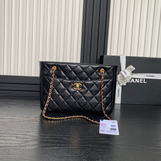 Sac cabas 24 carats 28 cm en cuir de veau noir, finitions dorées