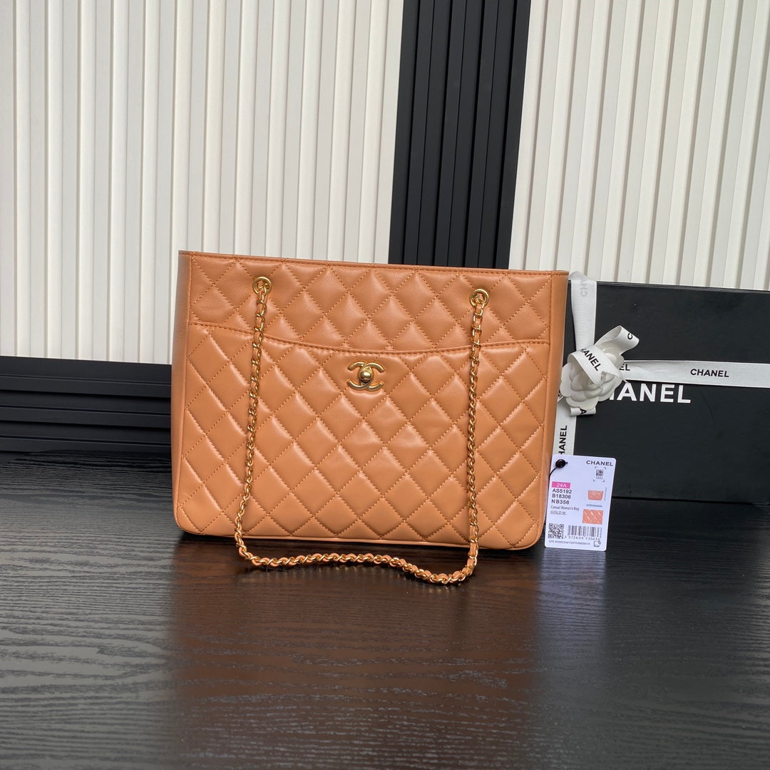Sac cabas 24 carats 32 cm en cuir de veau marron, finitions dorées
