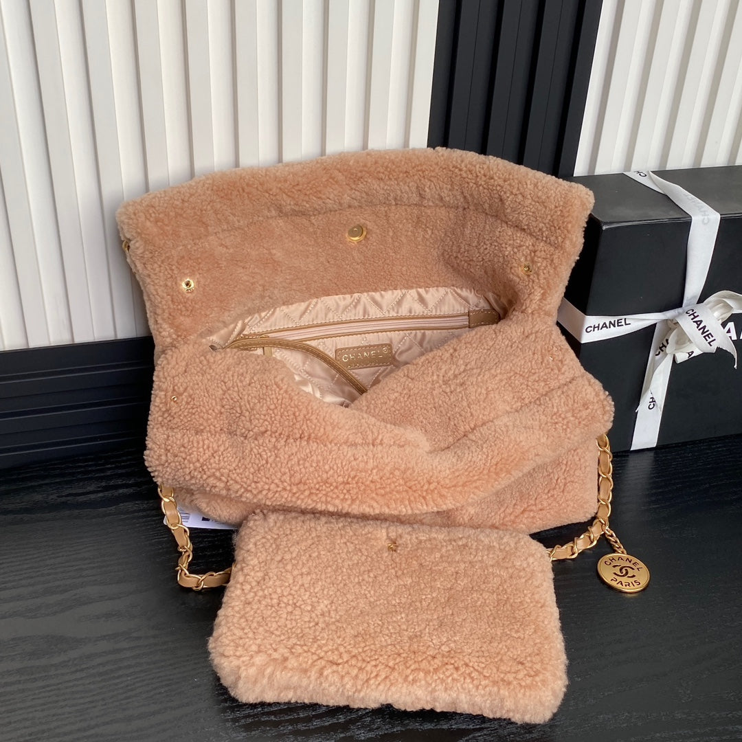 CC 24K ホーボー 22 バッグ 35cm ブラウン ウール ファー