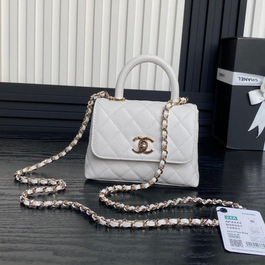Manche en coco 24 carats, cuir de veau grainé blanc, finitions dorées, 14,5 cm 
