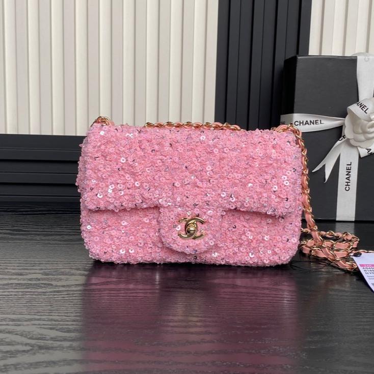 Sac à rabat CC 24K 20 cm à paillettes roses 