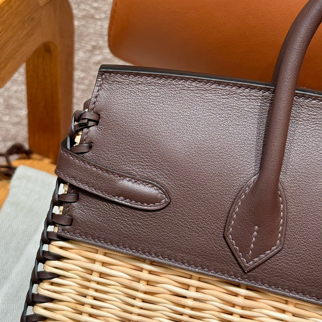 HM BIRKIN 25 CM PICNIC CHOCOLAT BAMBOU ET ROTIN