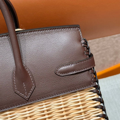 HM BIRKIN 25 CM PICNIC CHOCOLAT BAMBOU ET ROTIN