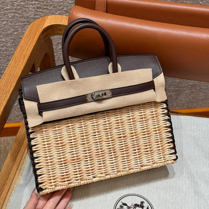 HM BIRKIN 25 CM PICNIC CHOCOLAT BAMBOU ET ROTIN