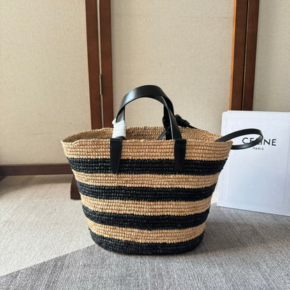 SAC CLASSIQUE COUFFIN 22 À RAYURES EN RAPHIA BEIGE ET NOIR ET GARNITURES EN CUIR DE VEAU
