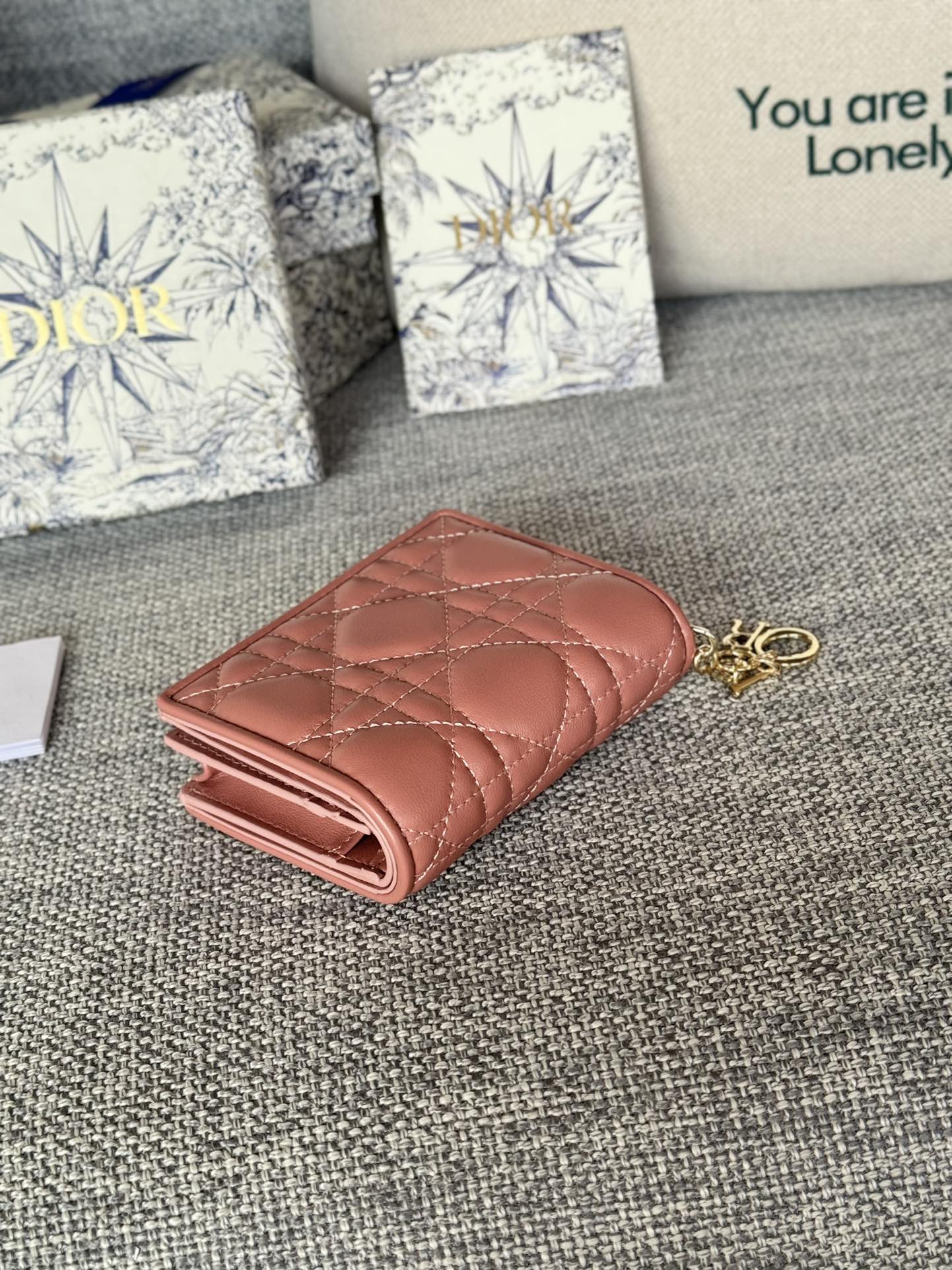 Portefeuille compact CD Caro 11 cm en cuir de veau rose foncé