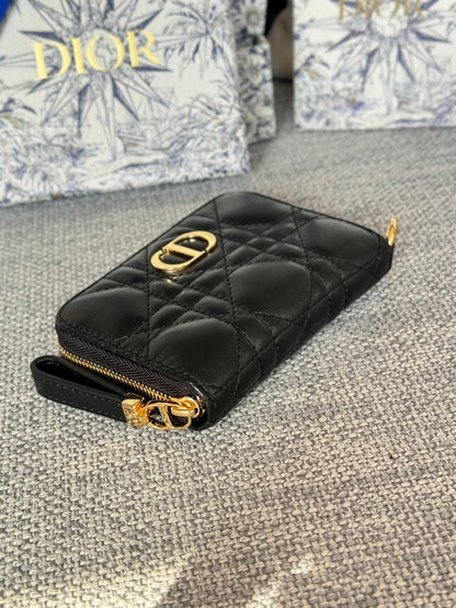 Portefeuille compact CD Logo Caro 11 cm en cuir de veau noir
