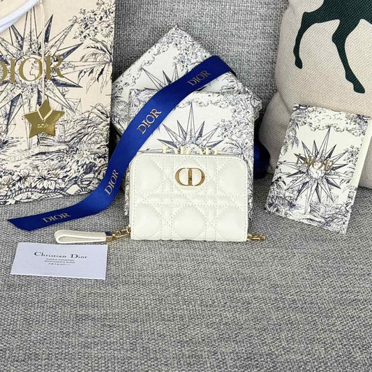 Portefeuille compact CD Logo Caro 11 cm en cuir de veau blanc