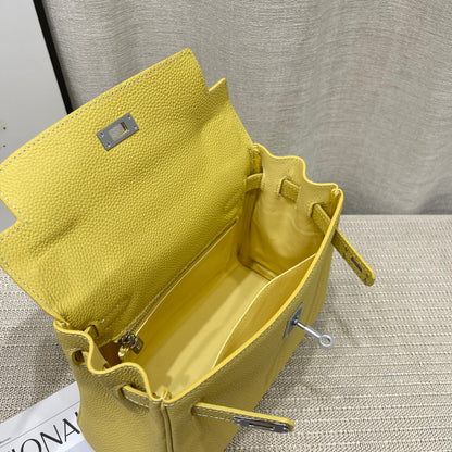 Sac à main HM Kelly 25 cm en cuir Togo citron vert et accessoires argentés