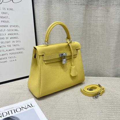 Sac à main HM Kelly 25 cm en cuir Togo citron vert et accessoires argentés