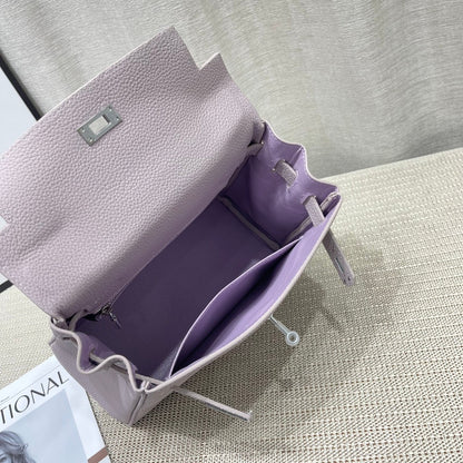 Sac à main HM Kelly 25 cm en cuir Togo mauve rose pâle et accessoires argentés