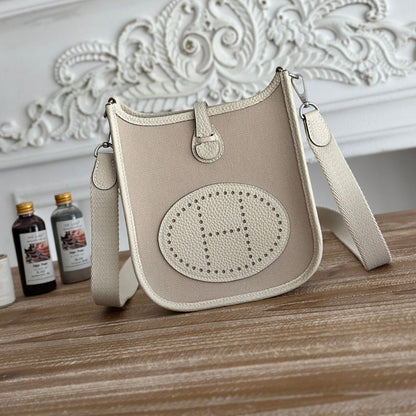 MINI SAC NEO 17 EVELYNE EN TOILE BRUN OYSTER ET CUIR DE VEAU BLANC
