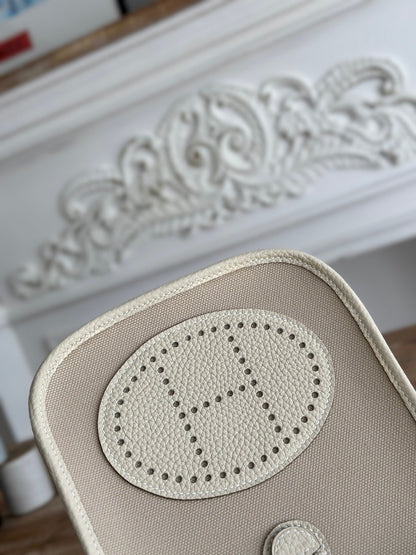 MINI SAC NEO 17 EVELYNE EN TOILE BRUN OYSTER ET CUIR DE VEAU BLANC