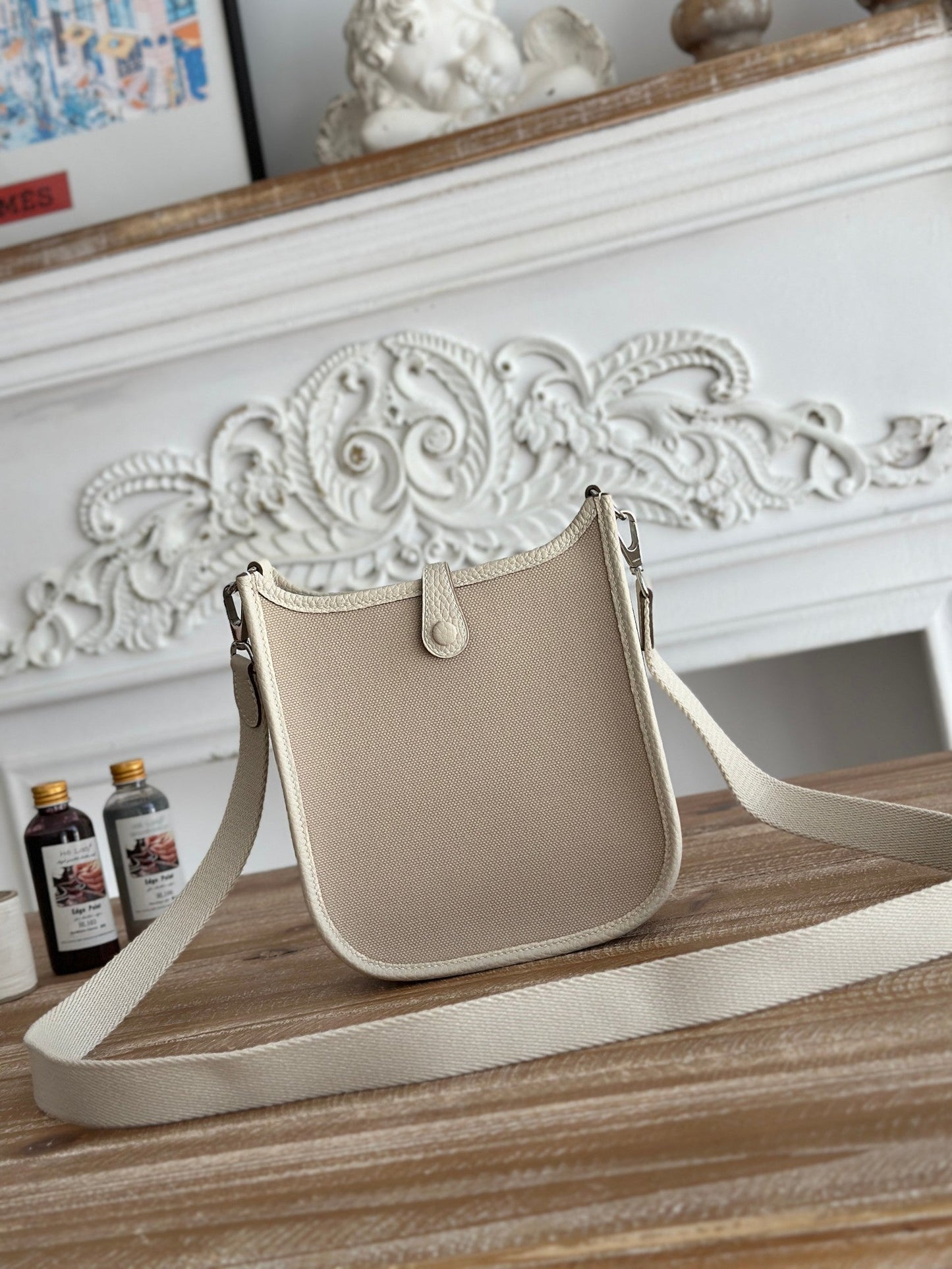 MINI SAC NEO 17 EVELYNE EN TOILE BRUN OYSTER ET CUIR DE VEAU BLANC