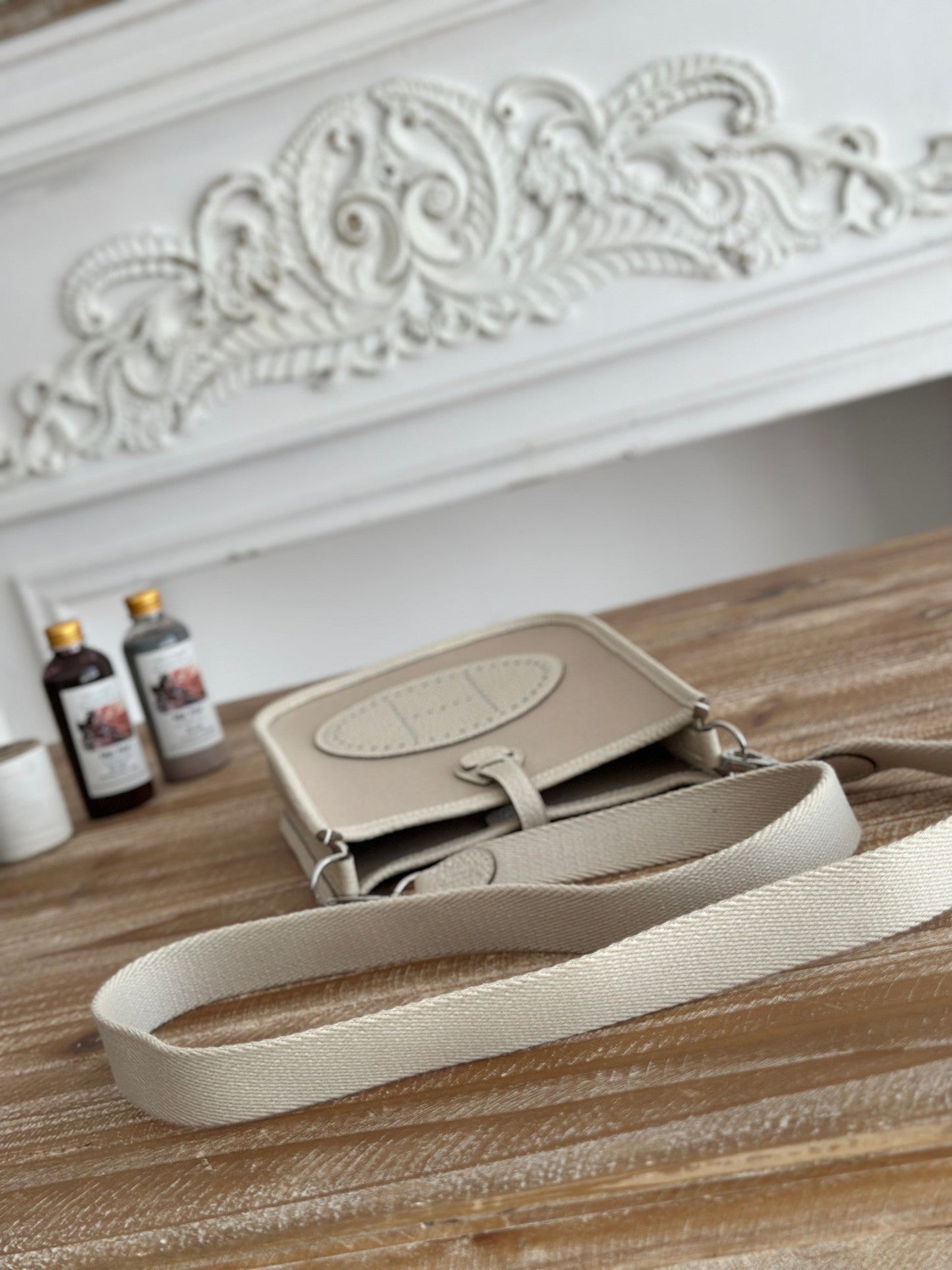 MINI SAC NEO 17 EVELYNE EN TOILE BRUN OYSTER ET CUIR DE VEAU BLANC