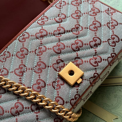 GG Marmont 26 cm en toile monogramme bleu chocolat avec finitions dorées