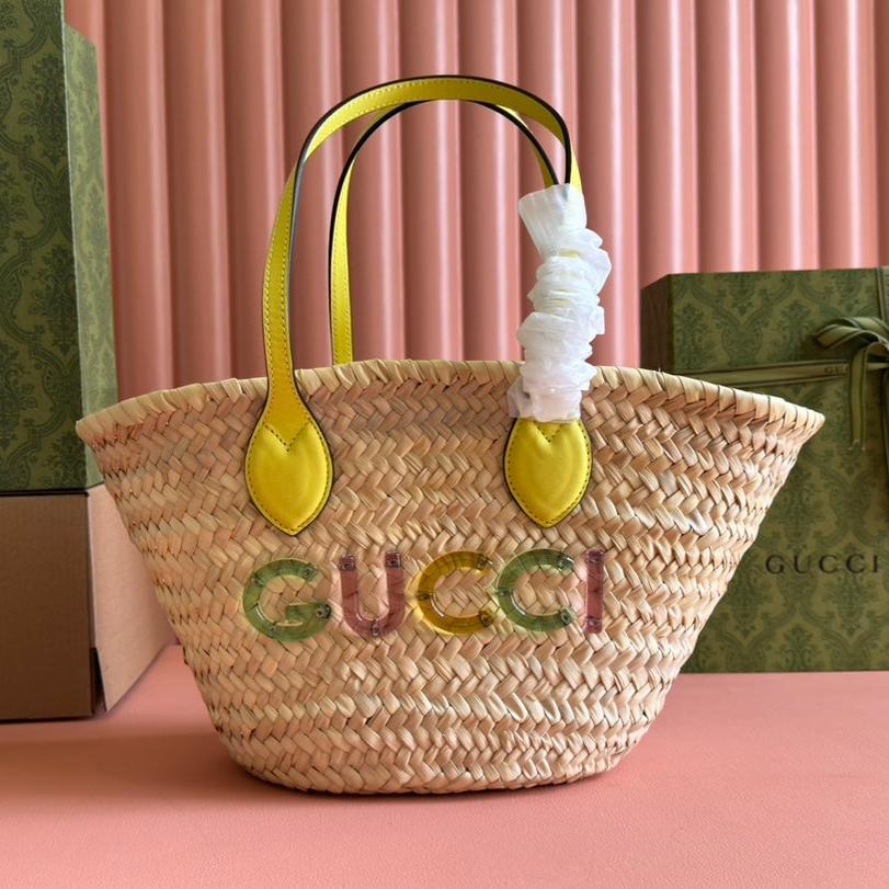 PETIT SAC CABAS 20 AVEC LOGO EN PAILLE NATURELLE ET ANSE EN CUIR DE VEAU JAUNE