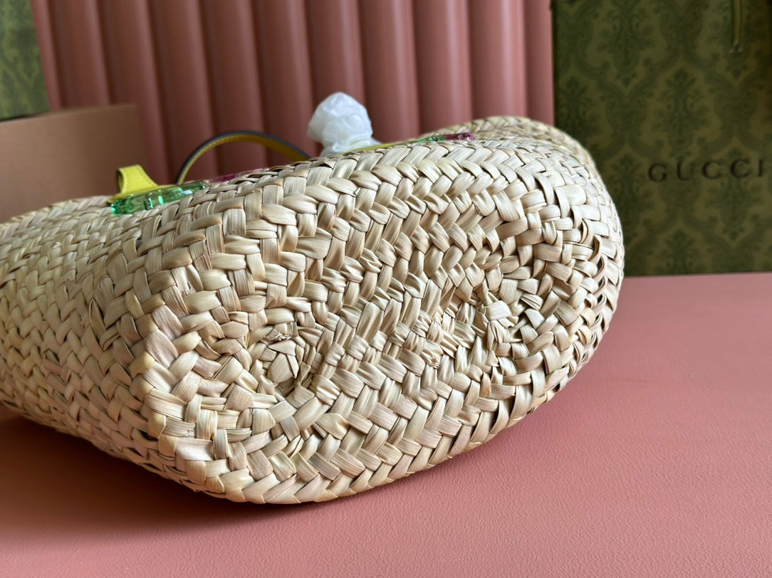PETIT SAC CABAS 20 AVEC LOGO EN PAILLE NATURELLE ET ANSE EN CUIR DE VEAU JAUNE