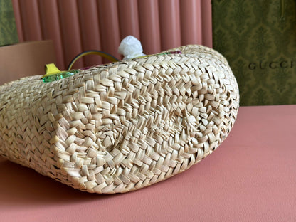 PETIT SAC CABAS 20 AVEC LOGO EN PAILLE NATURELLE ET ANSE EN CUIR DE VEAU JAUNE
