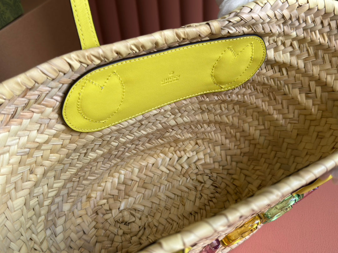 PETIT SAC CABAS 20 AVEC LOGO EN PAILLE NATURELLE ET ANSE EN CUIR DE VEAU JAUNE