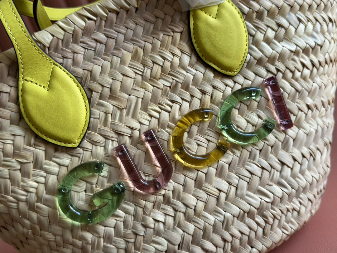 PETIT SAC CABAS 20 AVEC LOGO EN PAILLE NATURELLE ET ANSE EN CUIR DE VEAU JAUNE