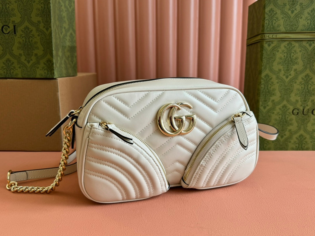 Petit sac bandoulière Marmont 24 pouces en cuir de veau blanc et métal doré