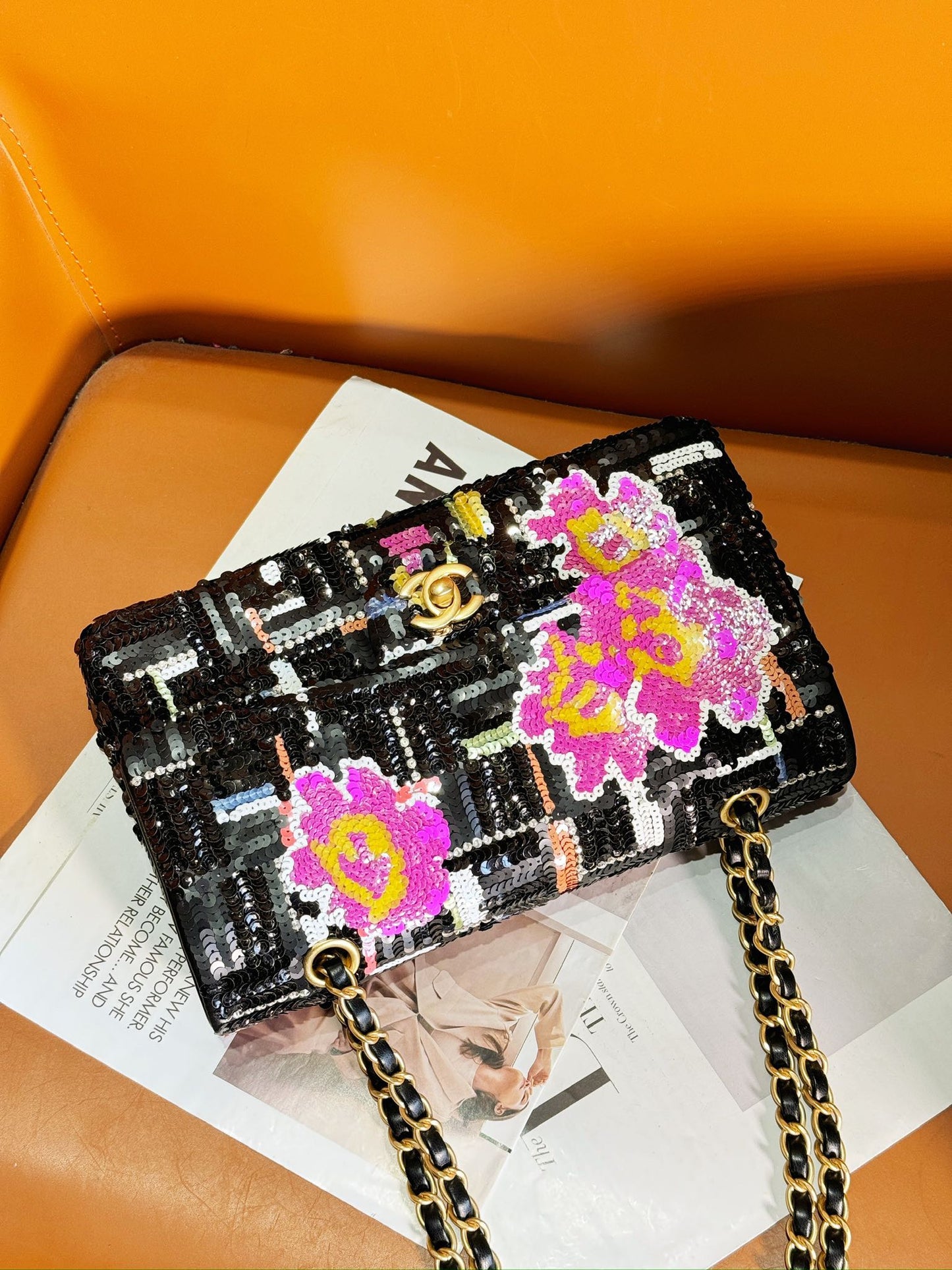 Sac à rabat 24S 25,5 cm Noir Blanc Violet Sequins