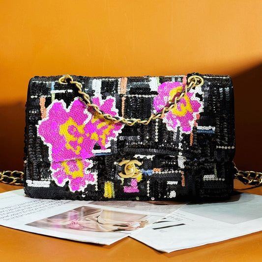 Sac à rabat 24S 25,5 cm Noir Blanc Violet Sequins
