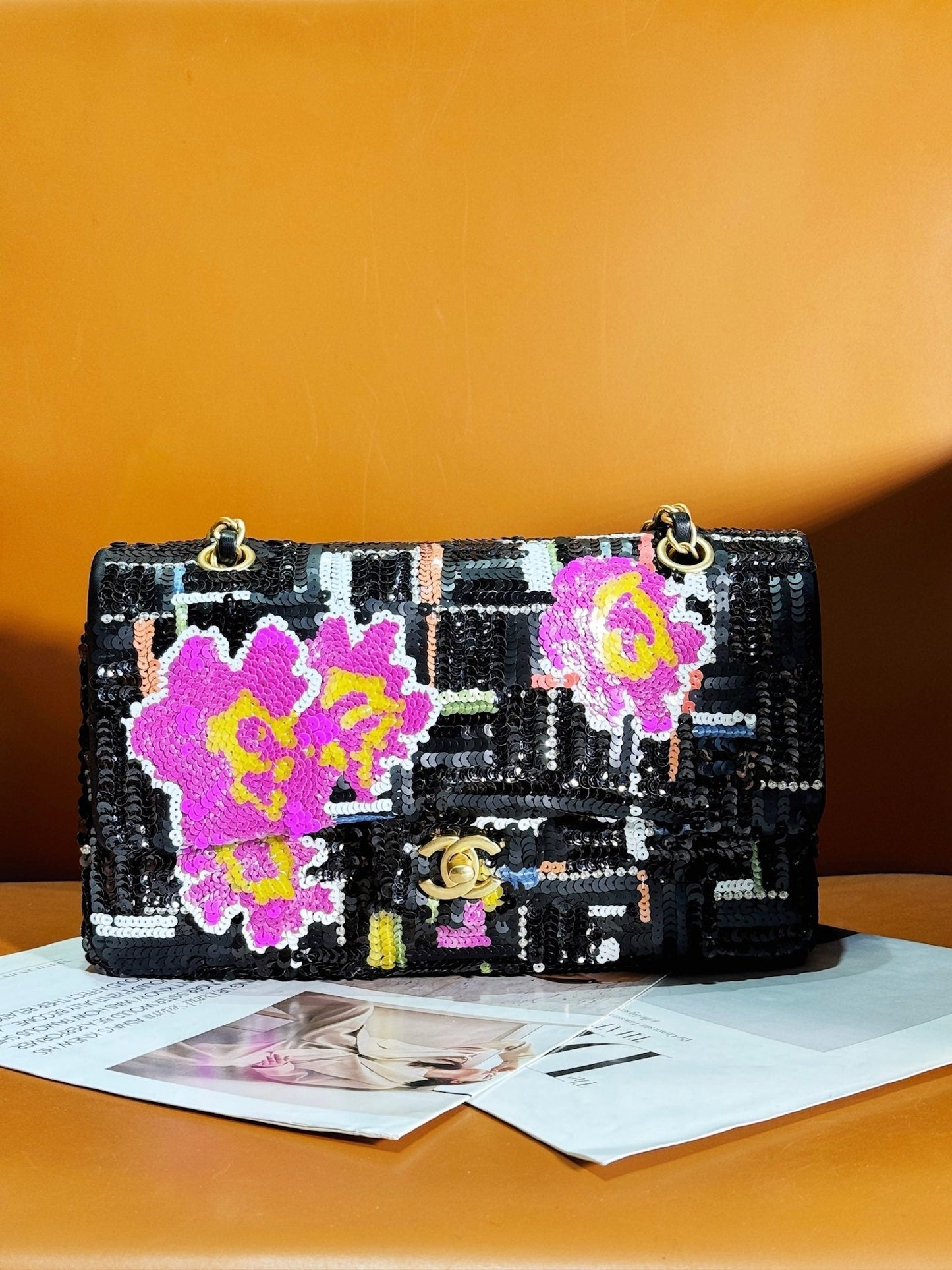 Sac à rabat 24S 25,5 cm Noir Blanc Violet Sequins
