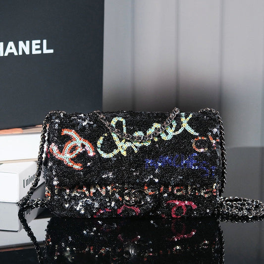 Sac à rabat 24S 20 cm en cuir de veau à paillettes multicolores