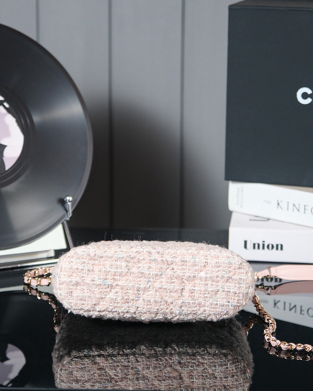 PETIT SAC CABAS 20 EN TWEED ROSE CLAIR QUINCAILLERIE DOREE
