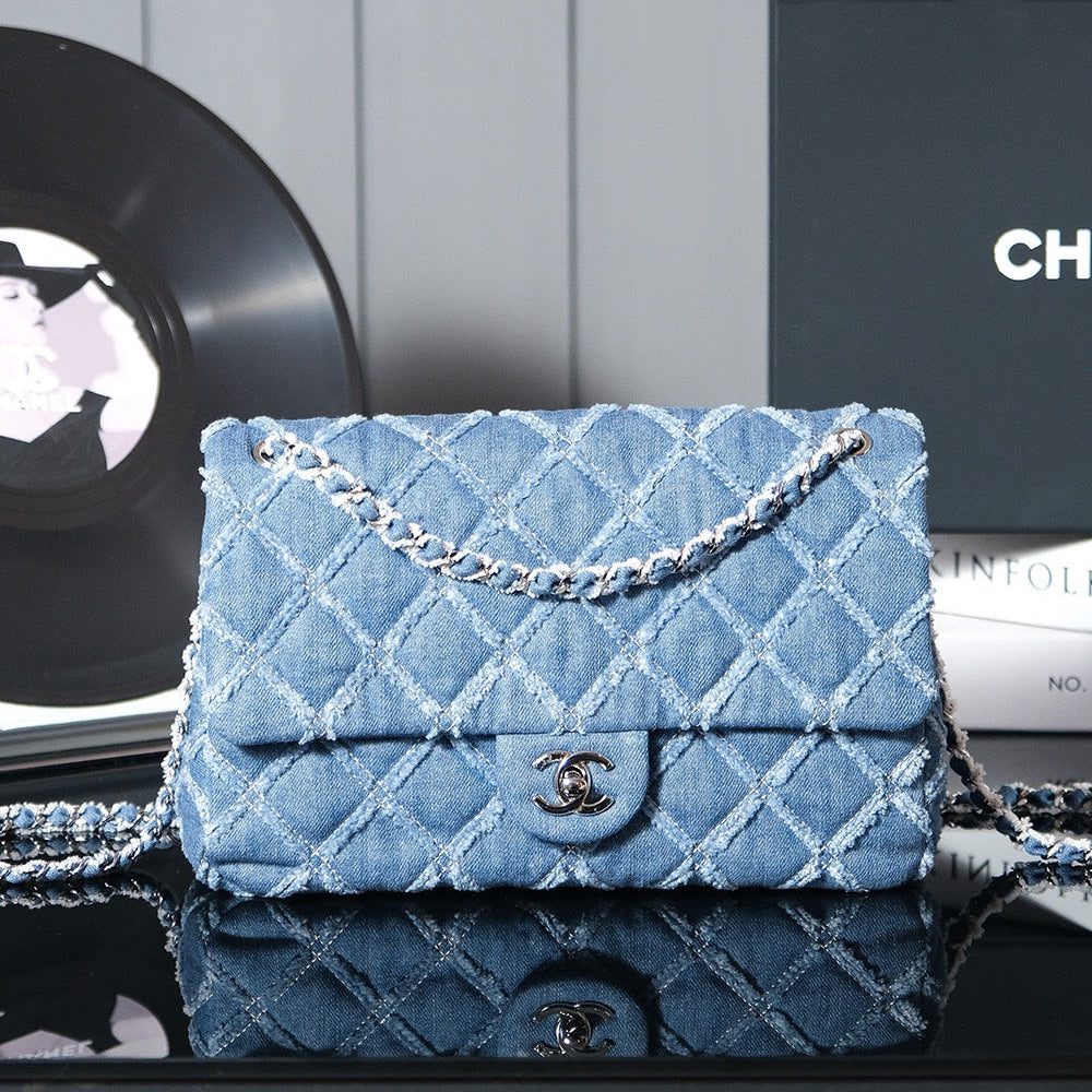 Sac à rabat 24S 25,5 cm en denim matelassé bleu