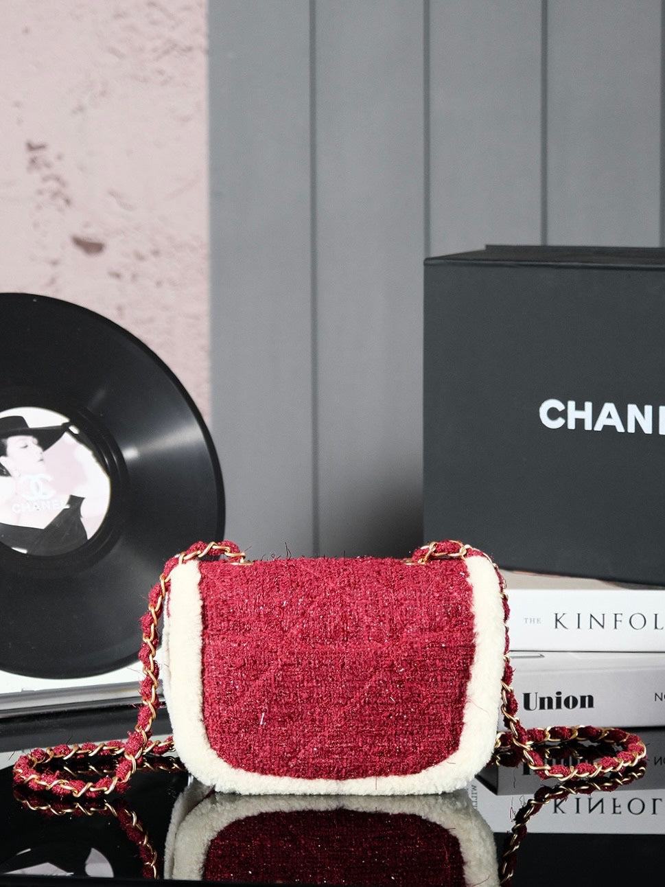 Sac à rabat CC 24N 20 cm en tweed rouge beige et peau lainée 
