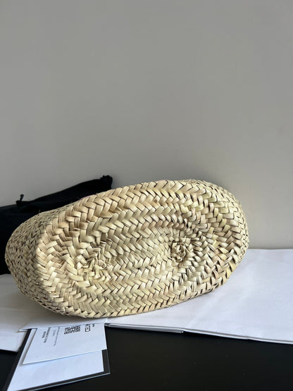 panier classique moyen 25 cm en raphia et cuir de veau beige