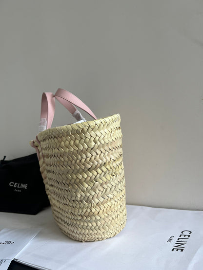 panier classique moyen 25 cm en raphia et cuir de veau beige