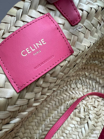 panier classique moyen 25 cm en raphia et cuir de veau rose foncé