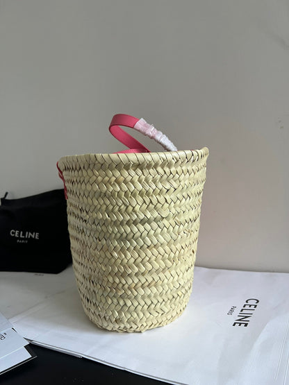 panier classique moyen 25 cm en raphia et cuir de veau rose foncé